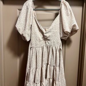 Altar'd State Light Beige Floral Puff Sleeve Tiered Midi Dress